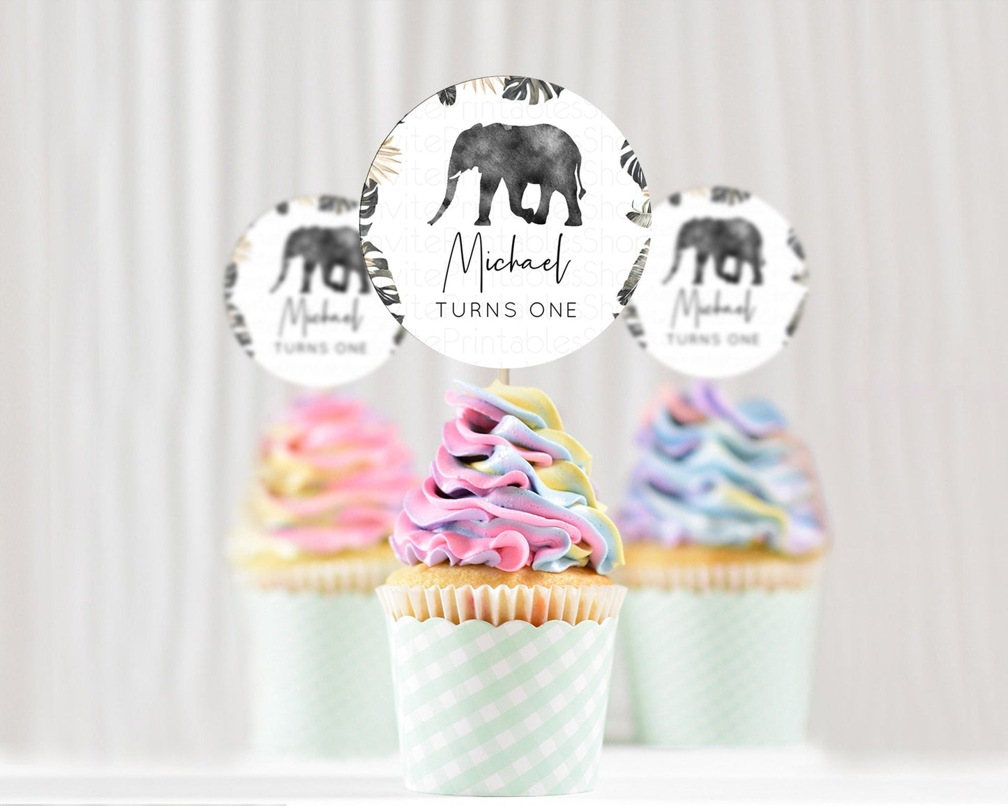 Elephant Cupcake Toppers Elephant Cupcake Elephant Party Safari Adventure Elephant Cupcake Topper Elephant Decor Zoo Fern Palm Leaf D10803