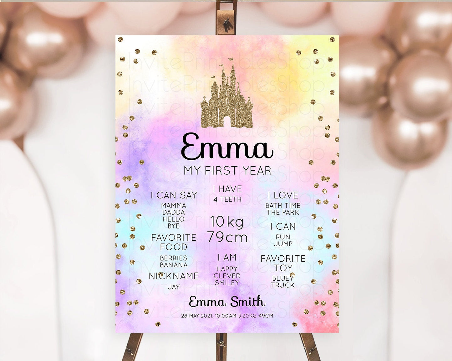 Princess First Birthday Milestone Poster Pastel Princess Milestone Board Pastel Rainbow Colorful Enchanted Castle 1st Birthday Sign D10148