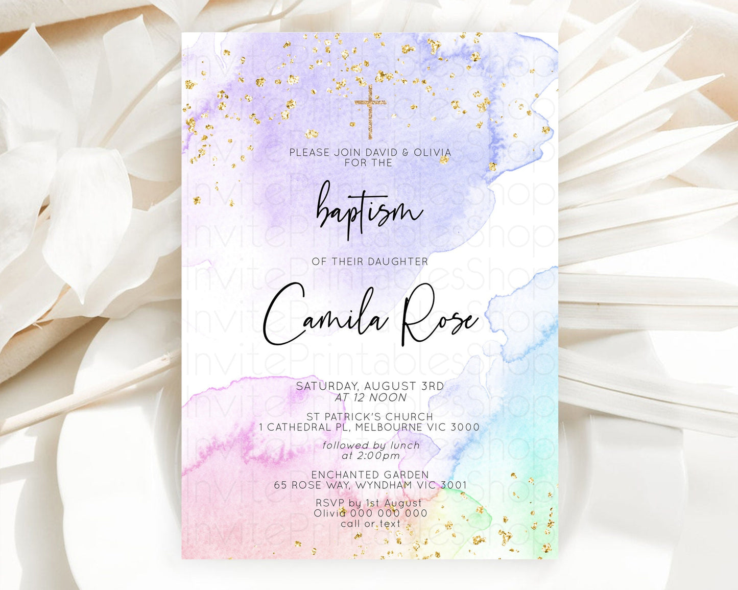 Pastel Baptism Invitation Pastel Colors Watercolor Baptism 1st Birthday Party Gold Ombre Pastel Rainbow Christening Holy Communion D10215