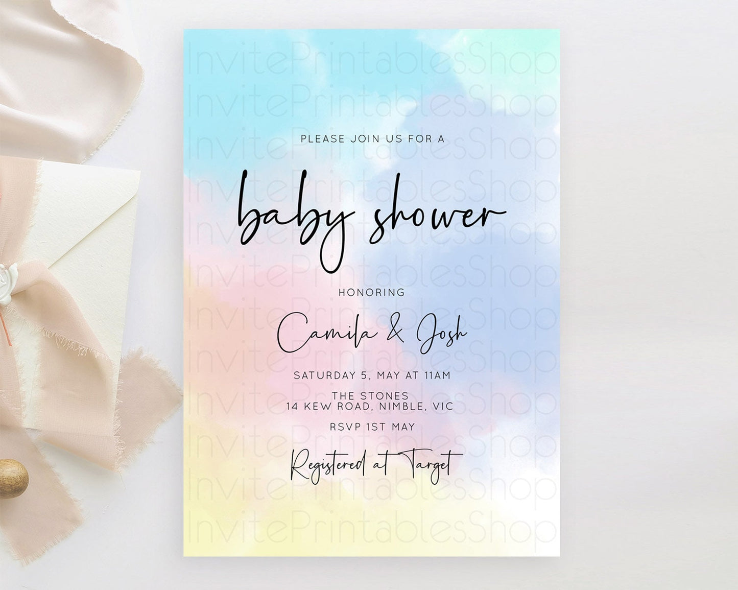 Pastel Baby Shower Invitation Rainbow Baby Shower Invitation Colorful Pastel Watercolor Invitation Gold Glitter Sprinkles Ombre D10373