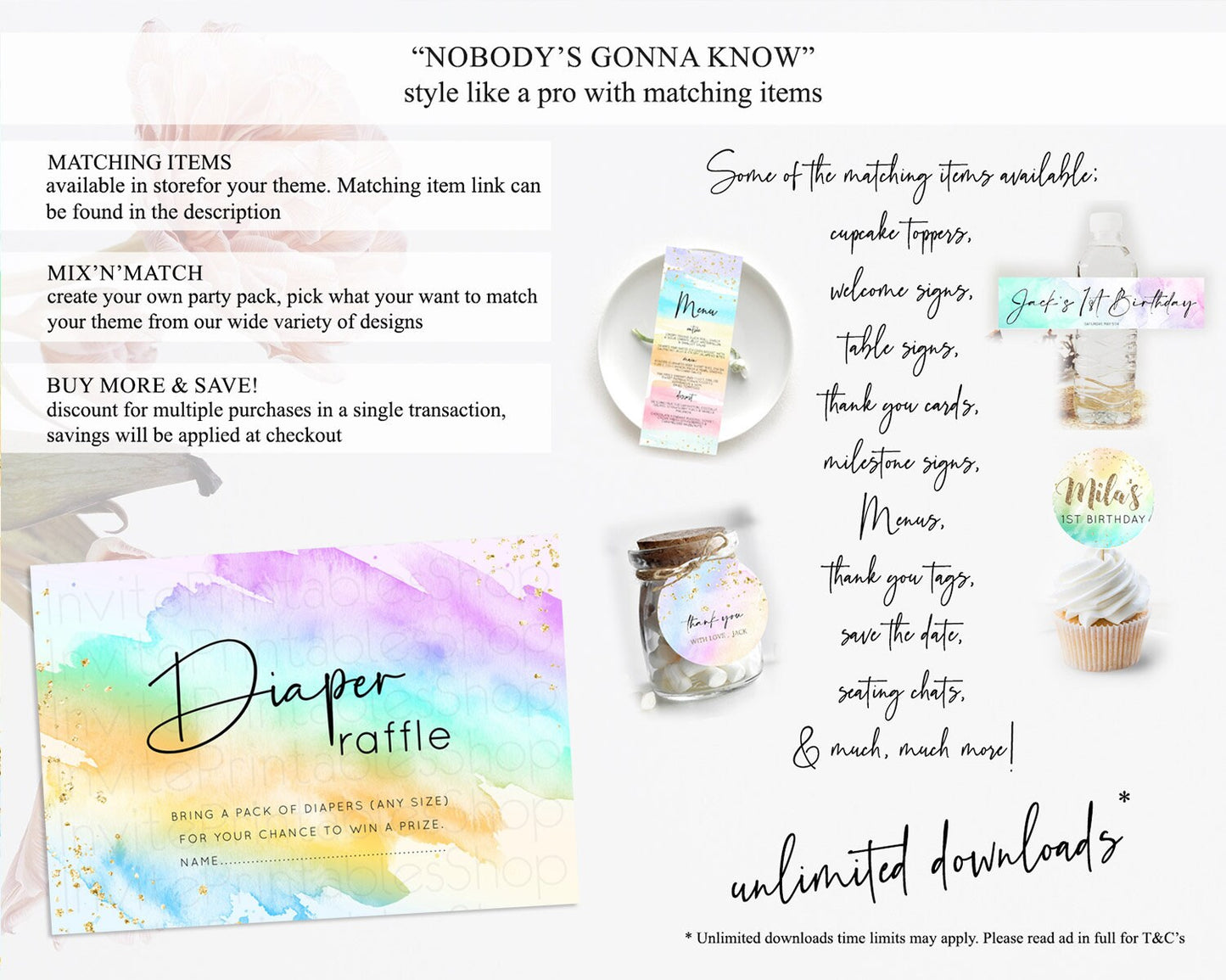 Pastel Diaper Raffle Card Pastel Rainbow Diaper Raffle Insert Colorful Ombre Watercolor Diaper Ticket Confetti Glitter Raffle Game D10427