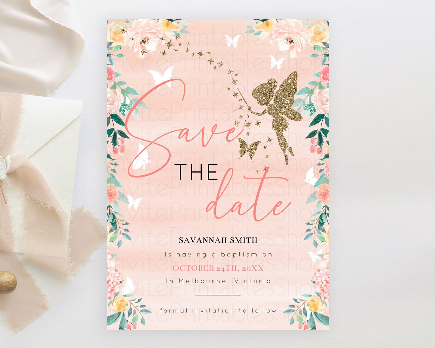 Fairy Save The Date Template Enchanted Garden Pastel Floral Butterfly Party Secret Garden Birthday Baptism Baby Shower Bridal Shower D10792