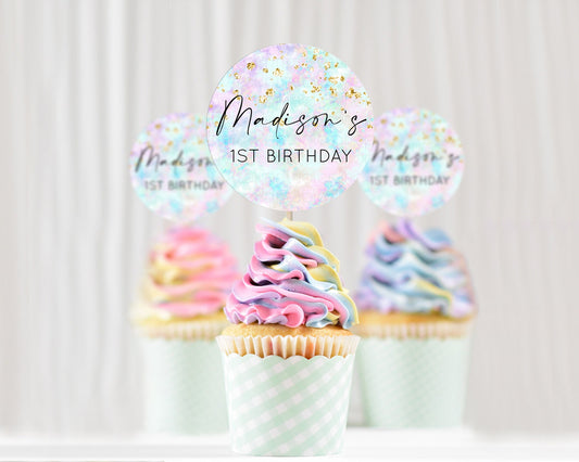 Editable Rainbow Cupcake Toppers Pastel Cupcake Toppers Colorful Pastel Wate