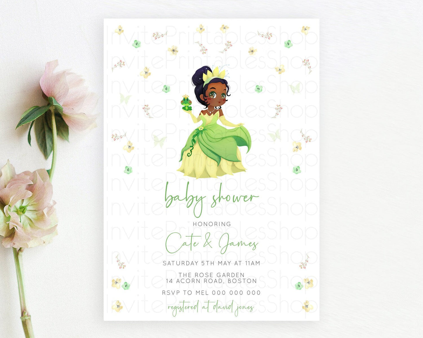Princess Baby Shower Invitation, Enchanted Garden, Secret Garden, Floral Garden, Princess and Frog - Yellow and Green Flower Theme D10348