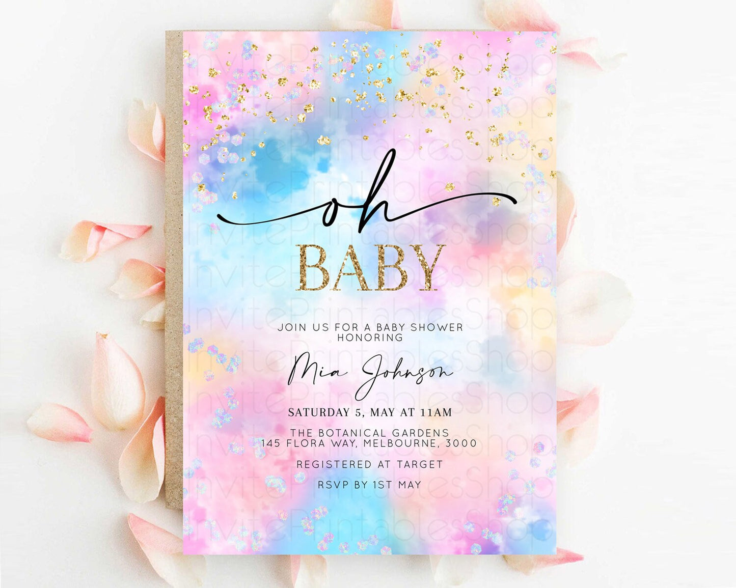 Pastel Baby Shower Invitation Rainbow Baby Shower Invitation Colorful Pastel Watercolor Invitation Gold Glitter Sprinkles Ombre D10607