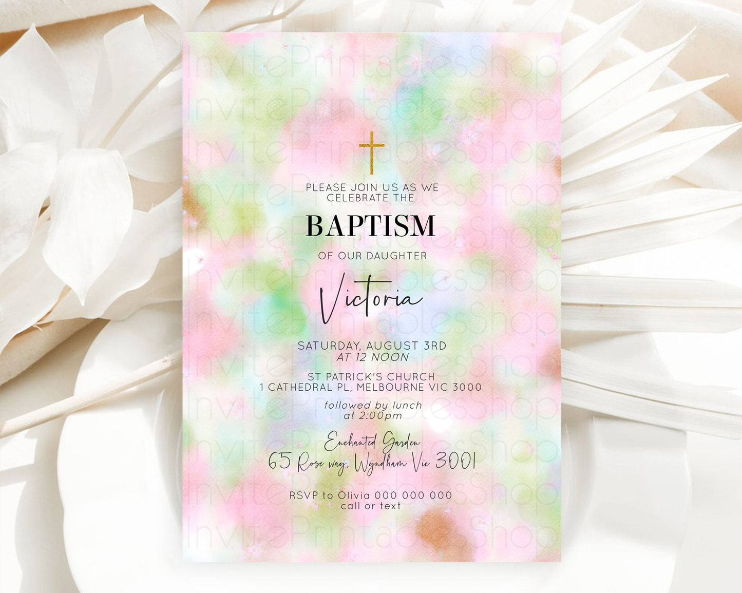 Pastel Baptism Invitation Pastel Colors Watercolor Baptism 1st Birthday Party Gold Ombre Pastel Rainbow Christening Holy Communion D10698