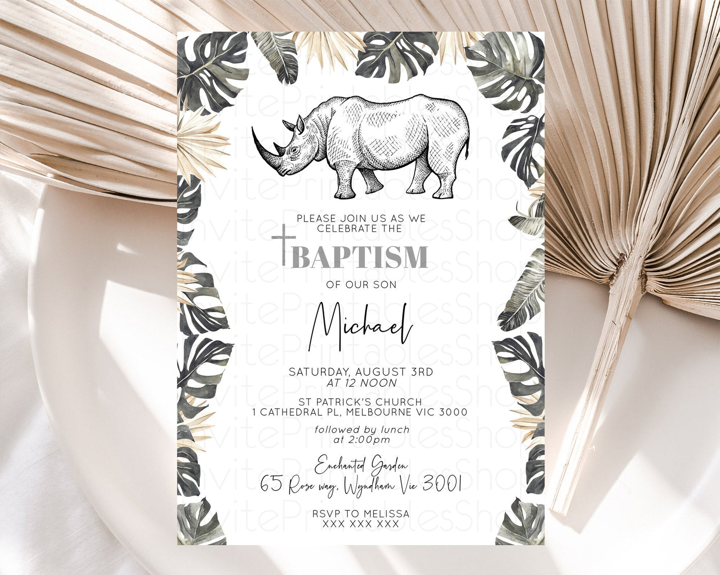 Rhino Baptism Invitation Rhino Baptism 1st Birthday Invitation Rhino Safari Adventure Christening Invitation Palm Leaf Invite Zoo D10826