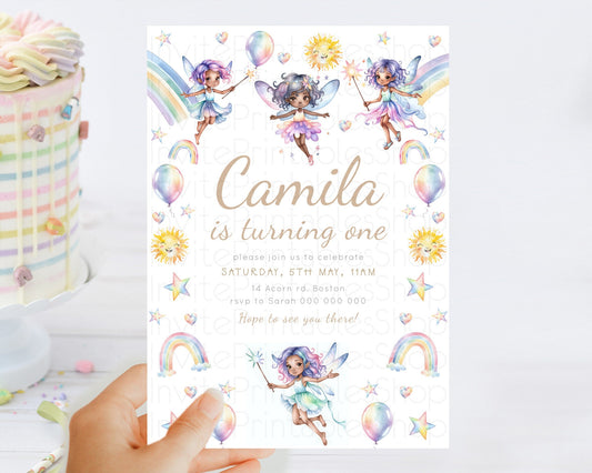 Rainbow Fairy Birthday Invitation Pastel Birthday Invitation Magical Pastel Fairy Party Theme Pastel Stars Heart Sun 1st 2nd Birthday D23374