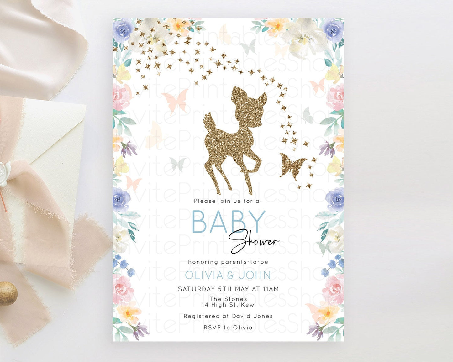 Deer Baby Shower Invitation, Enchanted Forest, Secret Garden, Pastel Green, Orange, Pink Floral, Butterflies, Whimsical Glitter Magic D10878