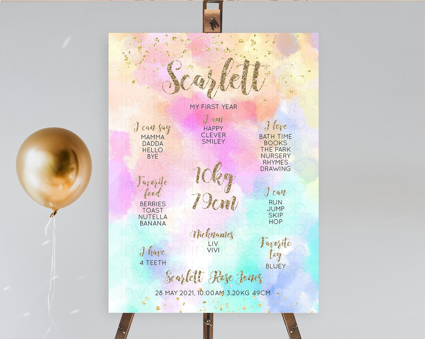 Pastel First Birthday Milestone Board Pastel Rainbow Milestone Poster Colorful Confetti Watercolor Glitter 1st Birthday Welcome Sign D10669