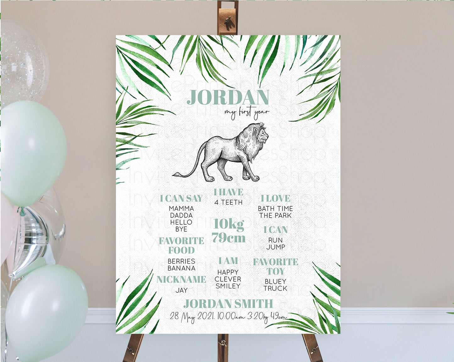 Lion First Birthday Milestone Board Lion Milestone Poster Lion Decor Safari Adventure Palm Leaf Lion First Birthday Welcome Sign D10845