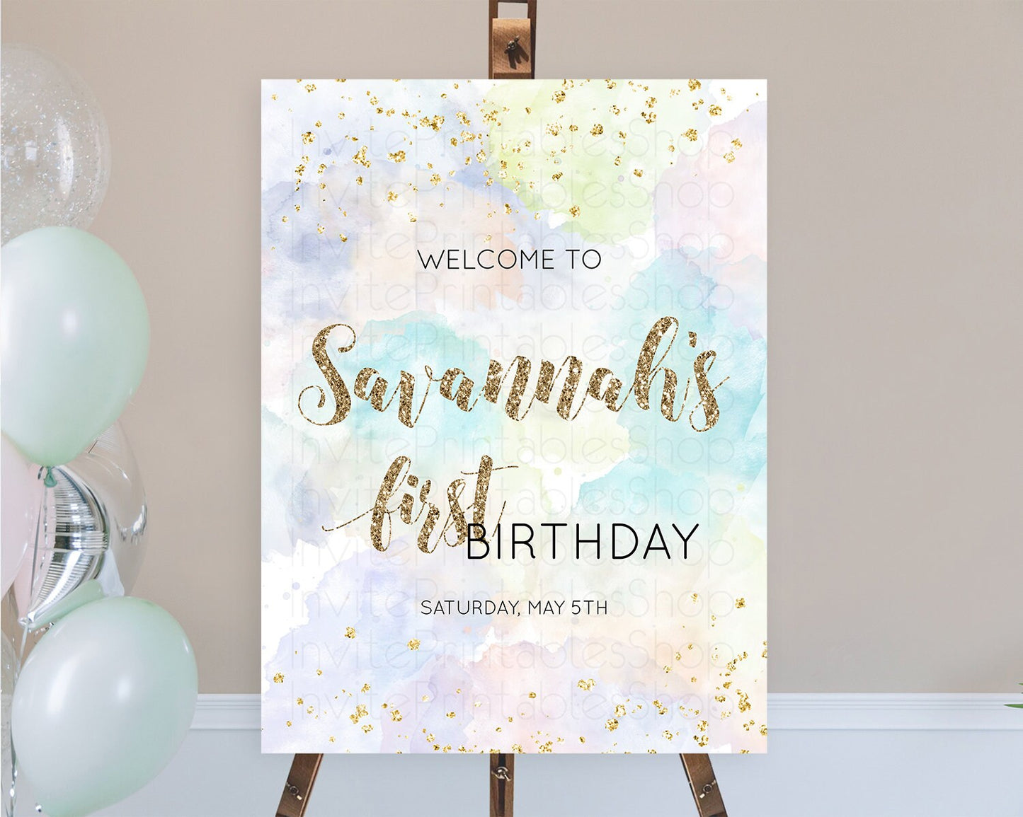 Pastel Welcome Sign Pastel Rainbow Welcome Sign Colorful Rainbow Confetti Watercolor Glitter Pastel First Birthday Welcome Sign D10614