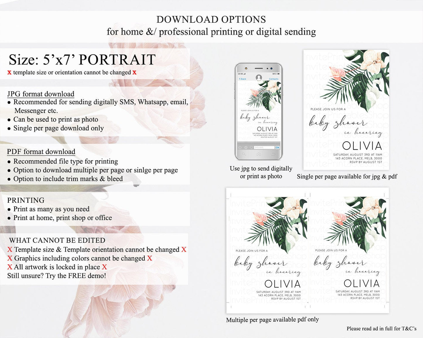 Tropical baby Shower Invitation Tropical Floral Baby Shower Invitation Palm Leaf Fern Invitation Frangipani White Orchid Invitation D11016