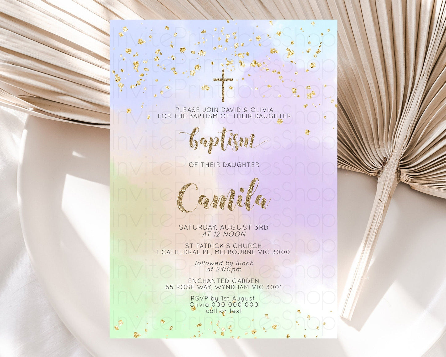 Pastel Baptism Invitation Pastel Colors Watercolor Baptism 1st Birthday Party Gold Ombre Pastel Rainbow Christening Holy Communion D10372