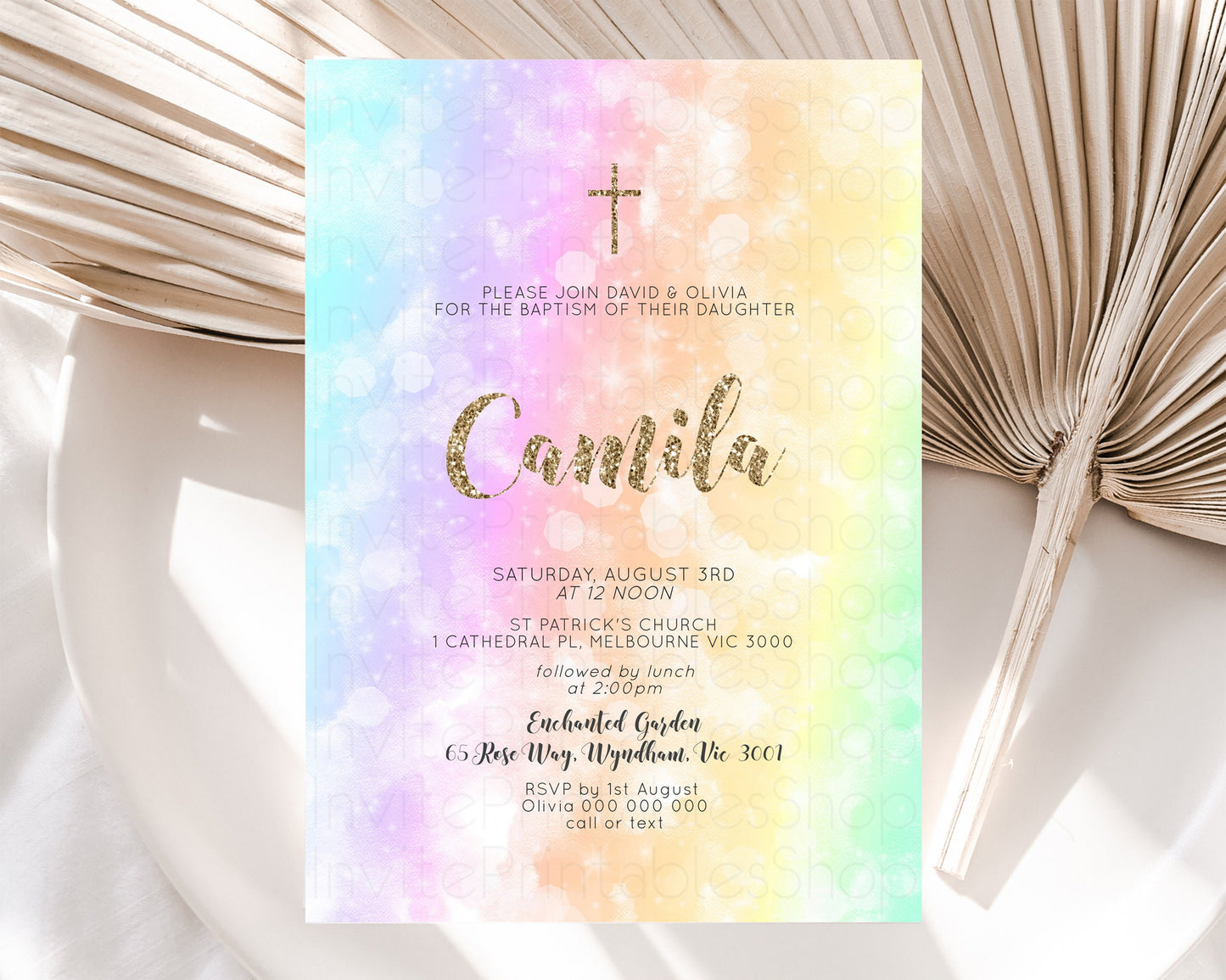 Pastel Baptism Invitation Rainbow Christening Invitation Holy Communion Invite Baptism 1st Birthday Sprinkles Ombre Watercolor Splash 604