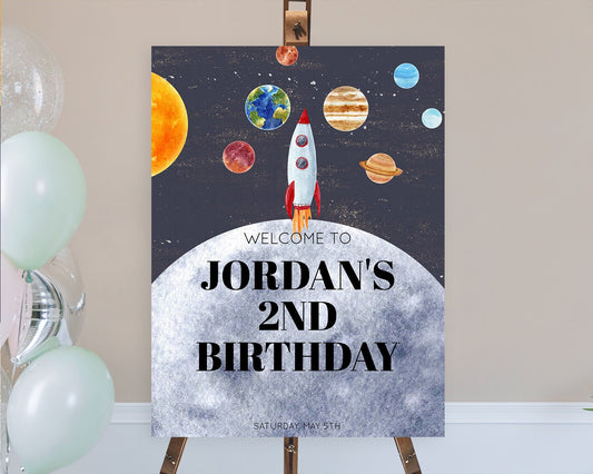 Space Birthday Welcome Sign Space Welcome Board First Trip Around the Sun Welcome Poster Planets Solar System ONE year Birthday Sign D10430