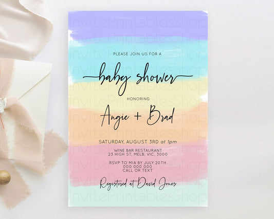 Pastel Baby Shower Invitation Rainbow Baby Shower Invitation Colorful Pastel Watercolor Invitation Gold Glitter Sprinkles Ombre D10510