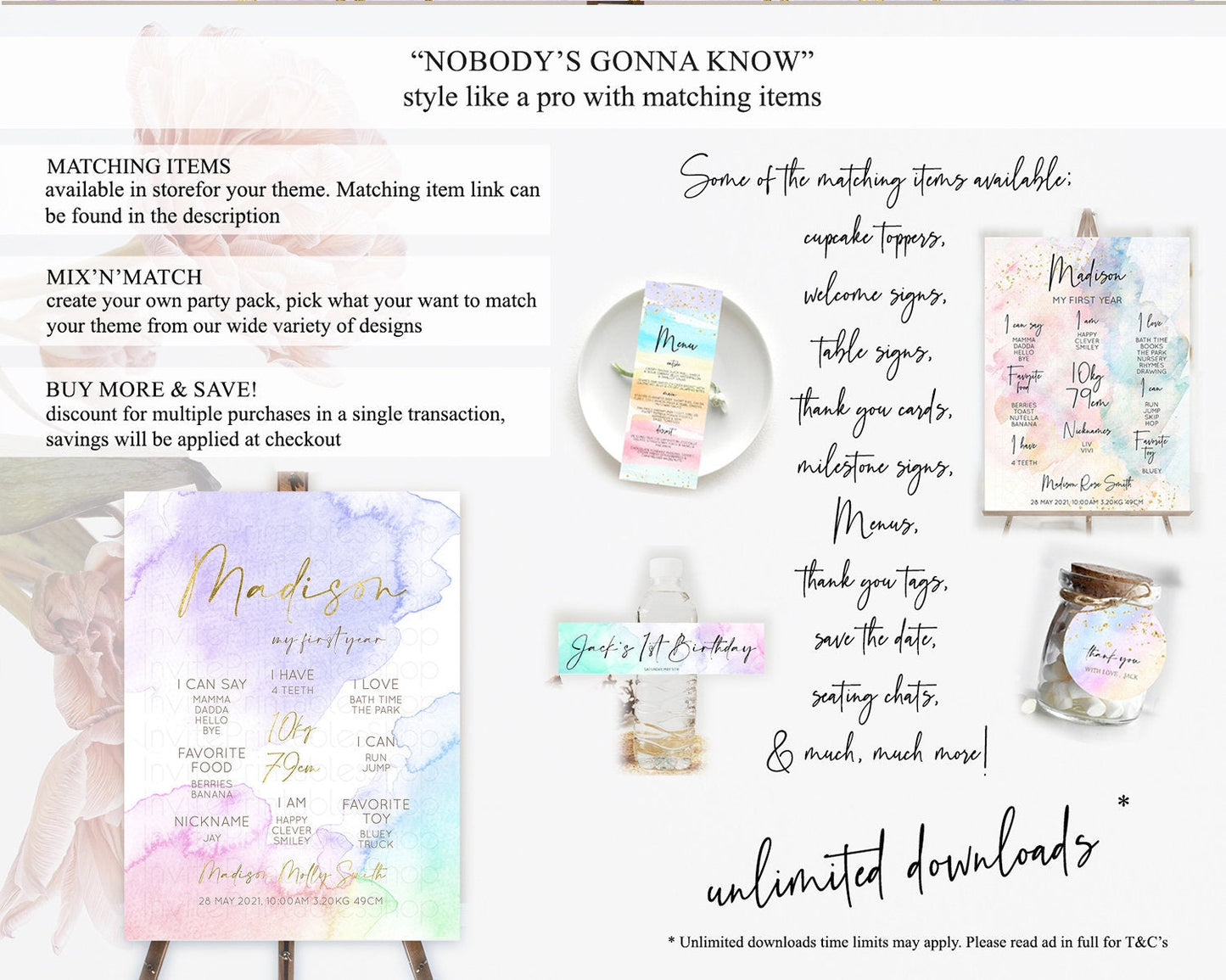 Pastel First Birthday Milestone Board Pastel Rainbow Milestone Poster Colorful Confetti Watercolor Glitter 1st Birthday Welcome Sign D10215