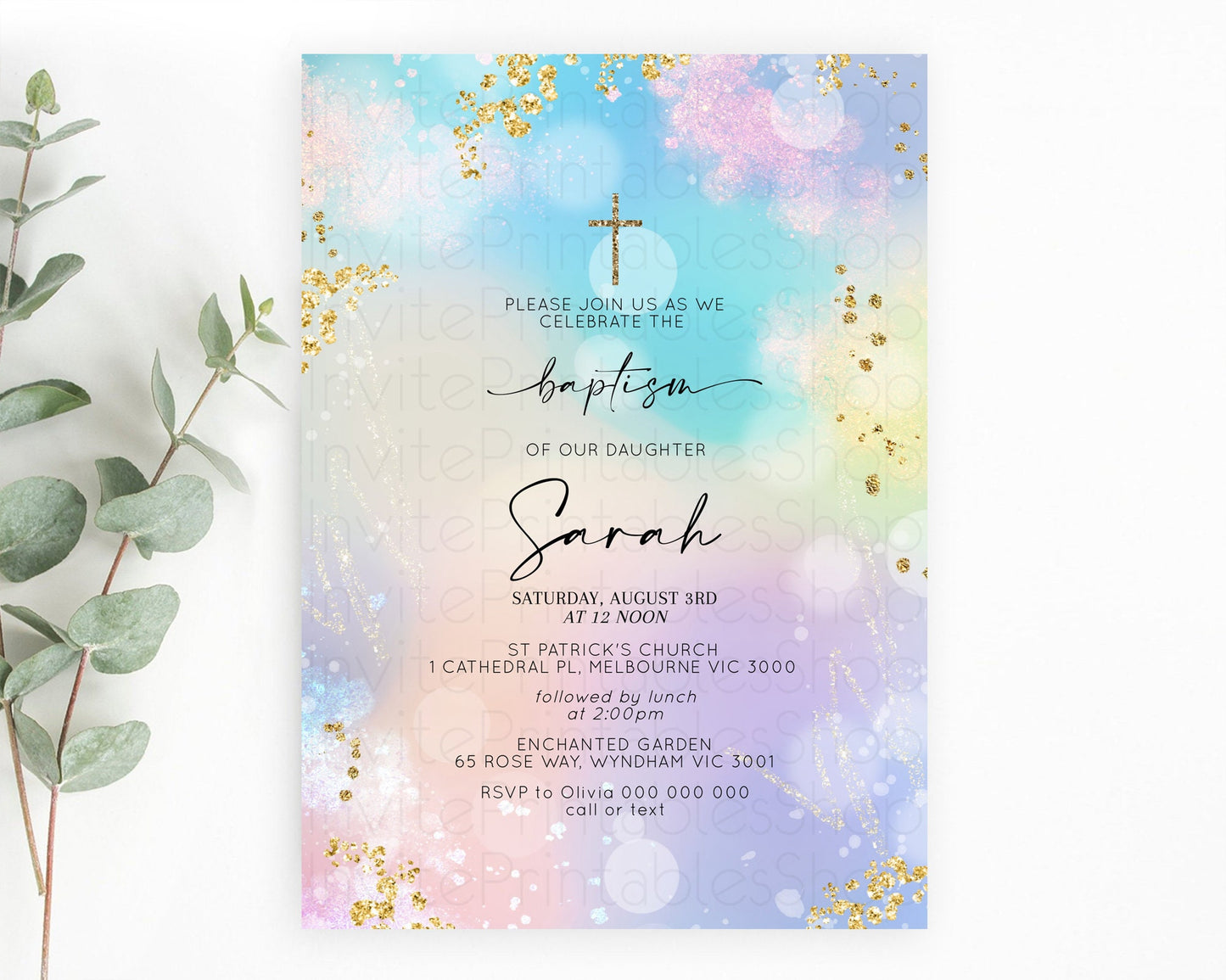 Pastel Baptism Invitation Pastel Colors Watercolor Baptism 1st Birthday Party Gold Ombre Pastel Rainbow Christening Holy Communion D10675