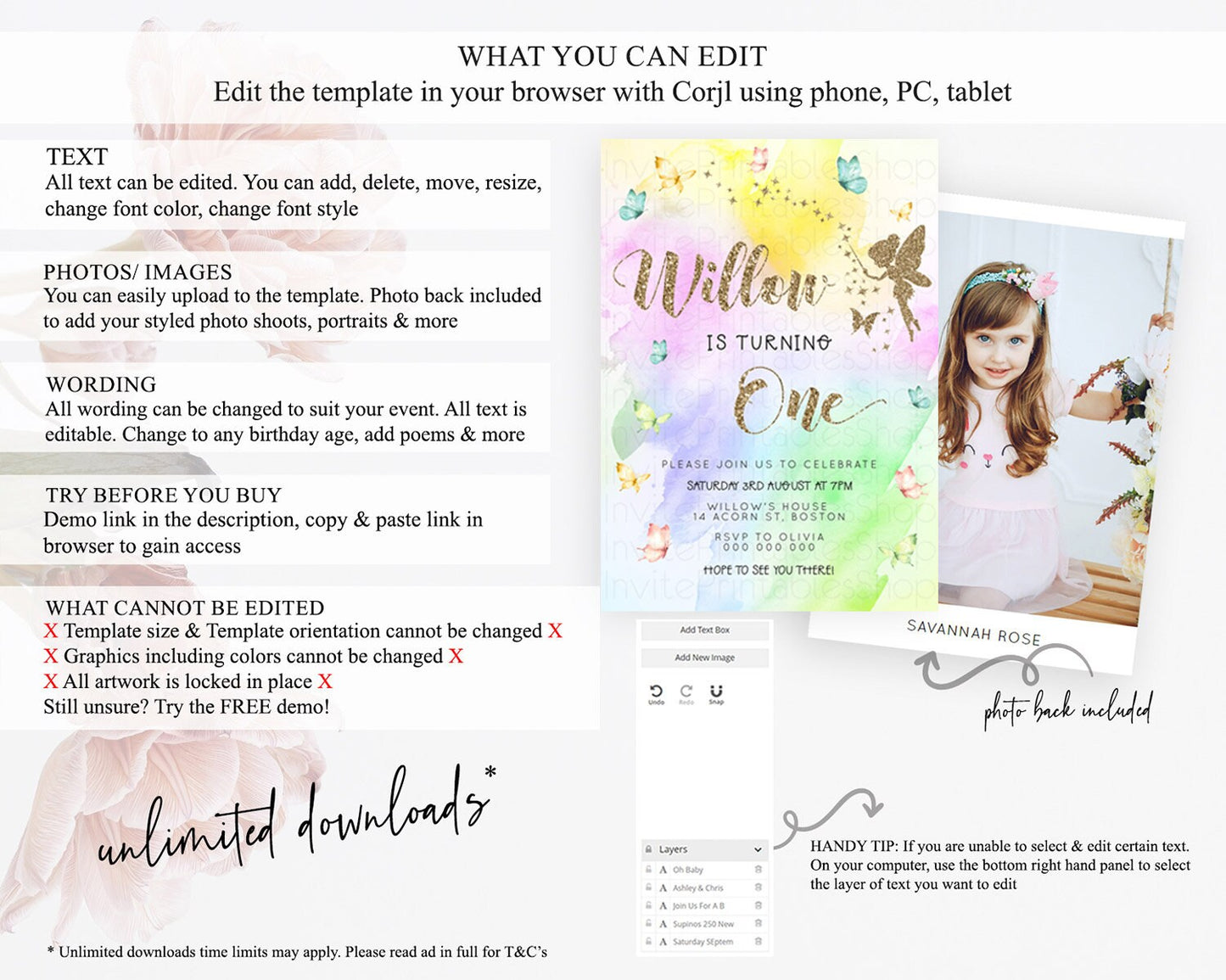 Pastel Fairy Birthday Invitation Pastel Butterflies Fairy Birthday Invitation Rainbow Ombre Watercolor 1st 2nd Birthday Invitation D23352