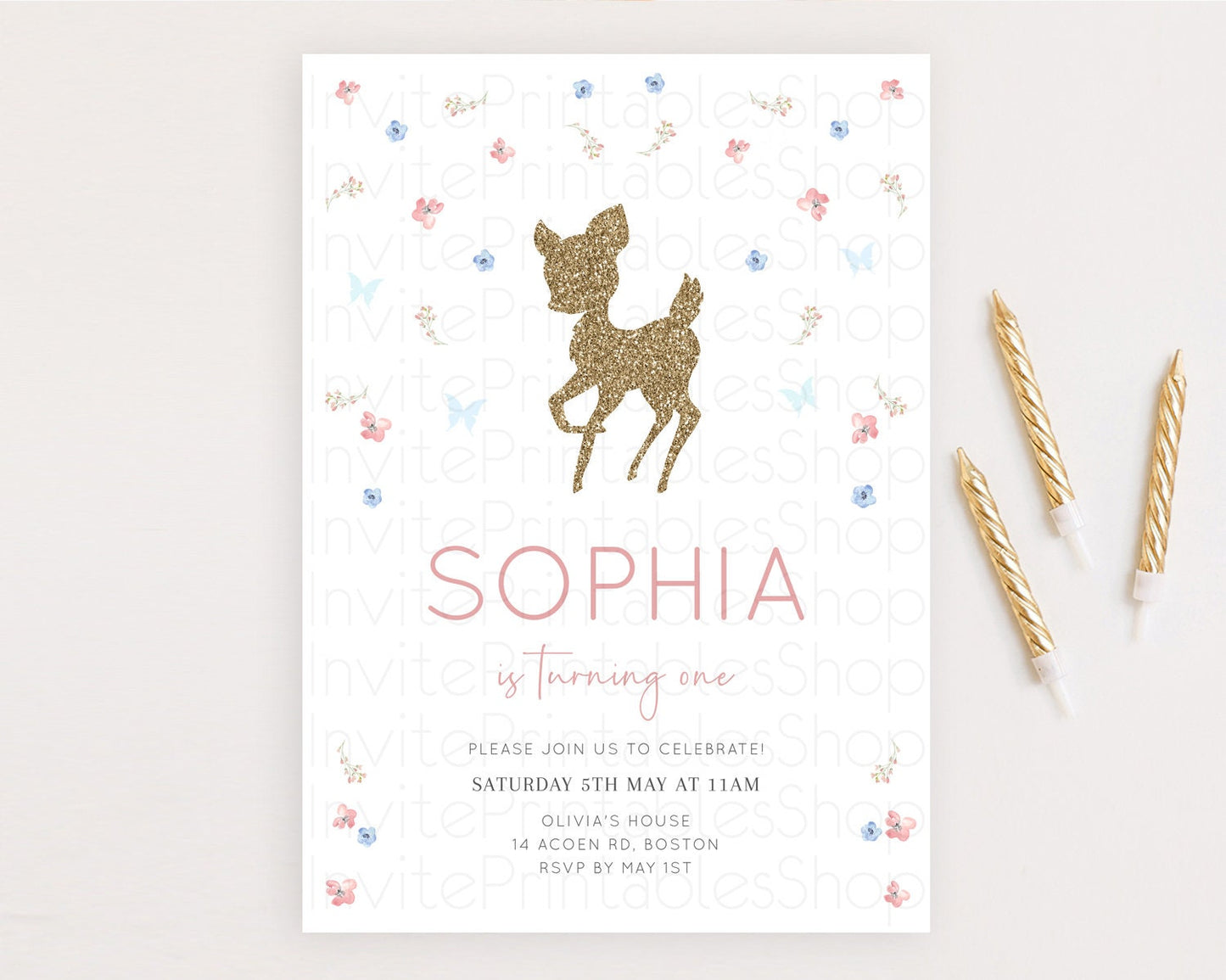 Fawn Birthday Invitation Deer Birthday Invitation Enchanted Forest Party Butterfly Pastel Flowers Whimsical 2nd 1st First Birthday D10359