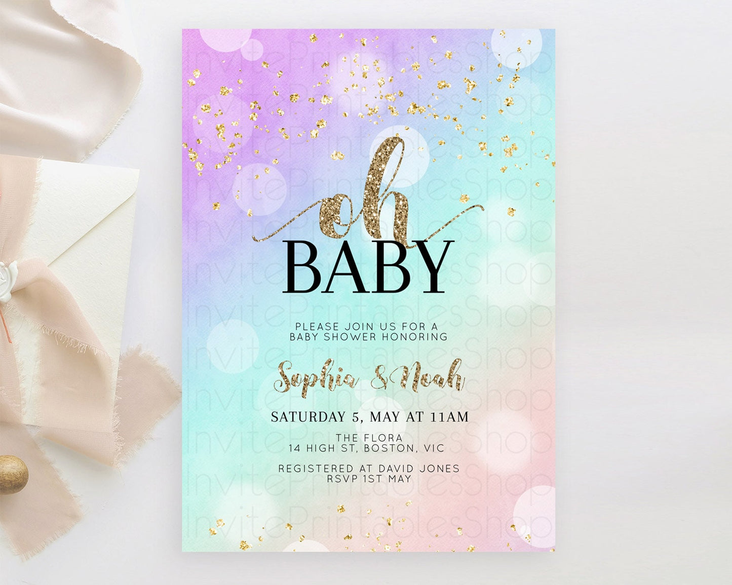 Pastel Baby Shower Invitation Rainbow Baby Shower Invitation Colorful Pastel Watercolor Invitation Gold Glitter Sprinkles Ombre D10621