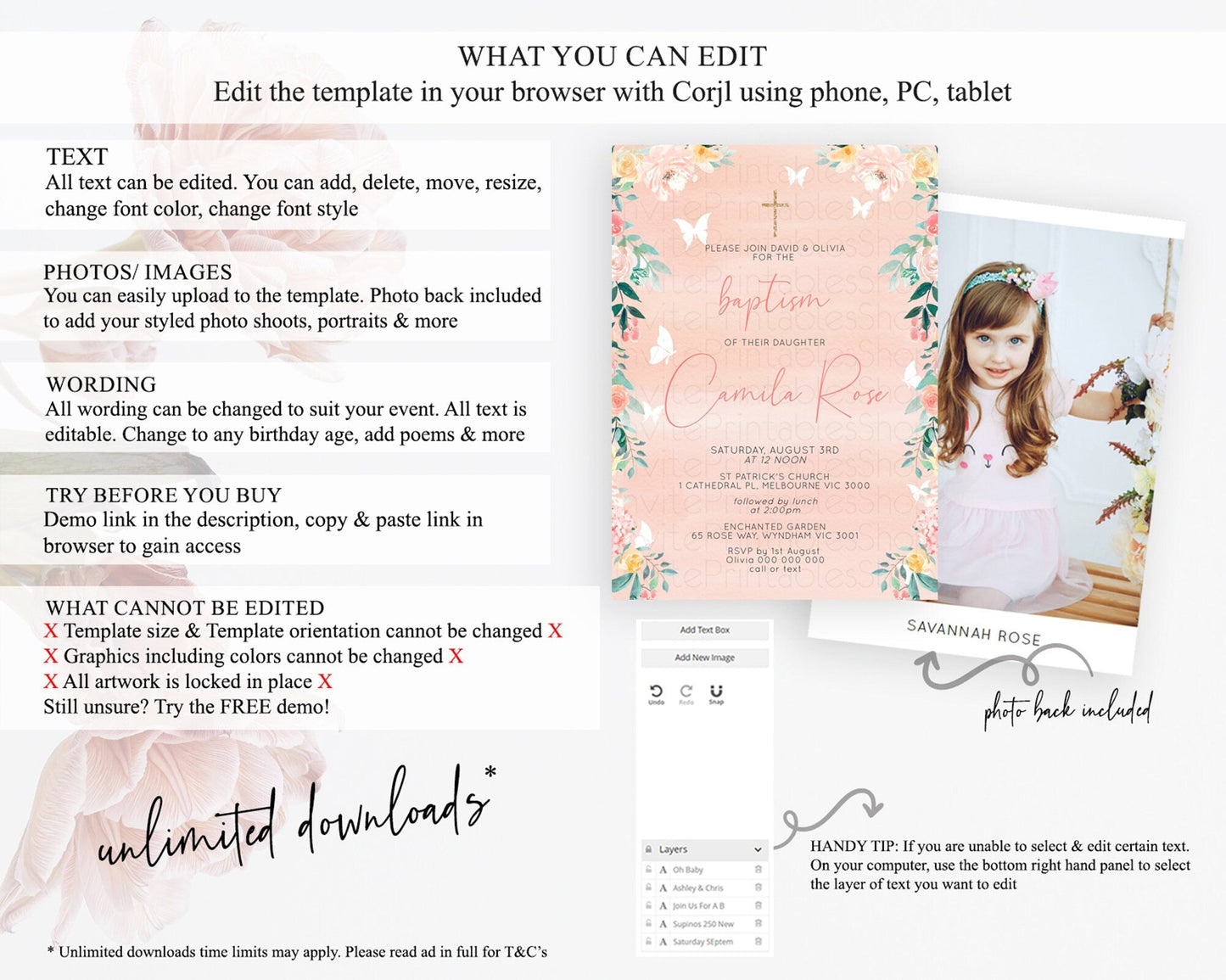 Secret Garden Baptism Invitation Wildflower Baptism Birthday Invite Pastel Flowers Christening Invite Enchanted Garden Boho Floral D10245