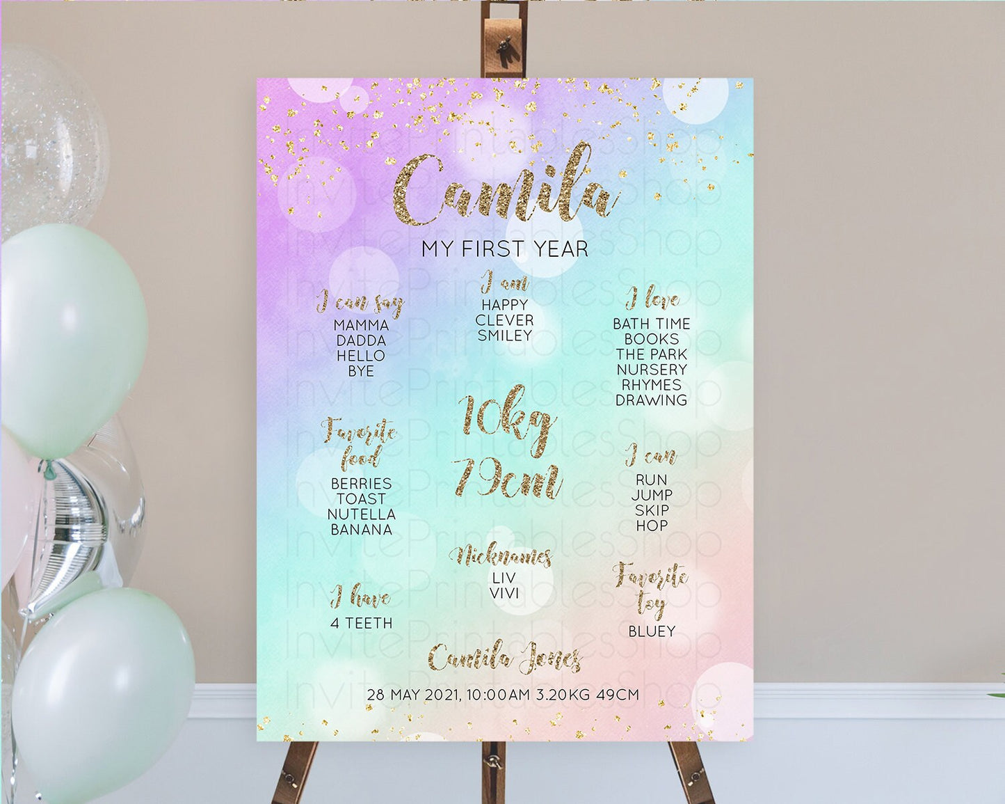 Pastel First Birthday Milestone Board Pastel Rainbow Milestone Poster Colorful Confetti Watercolor Glitter 1st Birthday Welcome Sign D10621