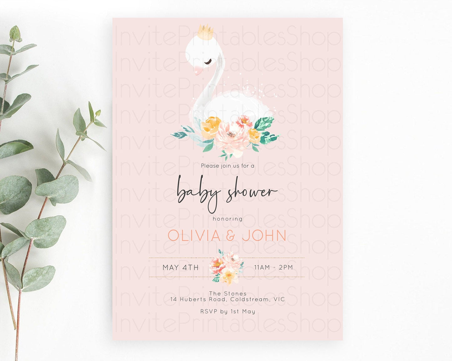 Swan Lake Baby Shower Invitation: Secret Garden, Swan Princess Ballet, Watercolor Pastel Floral, Butterfly Accents, Soft Pink, Green D10388