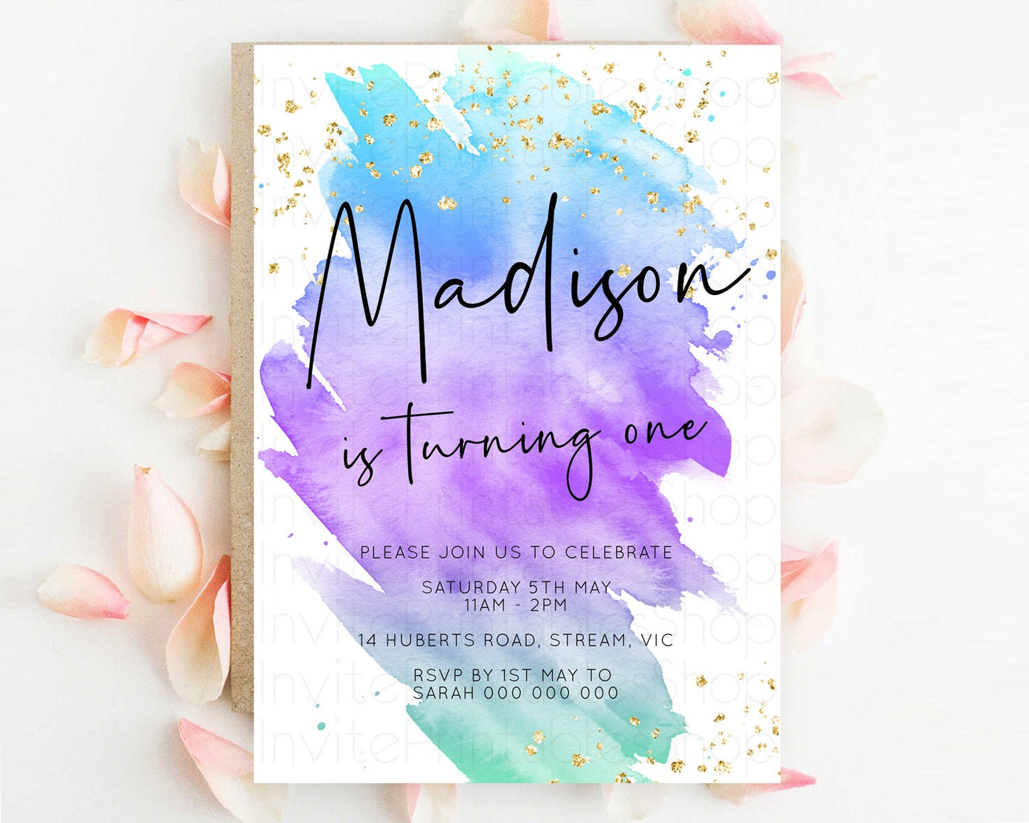 Rainbow Birthday Invitation Colorful Pastel Watercolor Invitation Gold Glitter Sprinkles Ombre Pastel 1st 2nd 3rd Birthday D10491