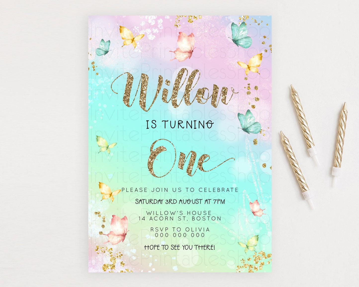 Pastel Butterfly Birthday Invitation Butterfly Birthday Invitation Colorful Splash Glitter Butterfly Garden 1st 2nd Birthday D23079