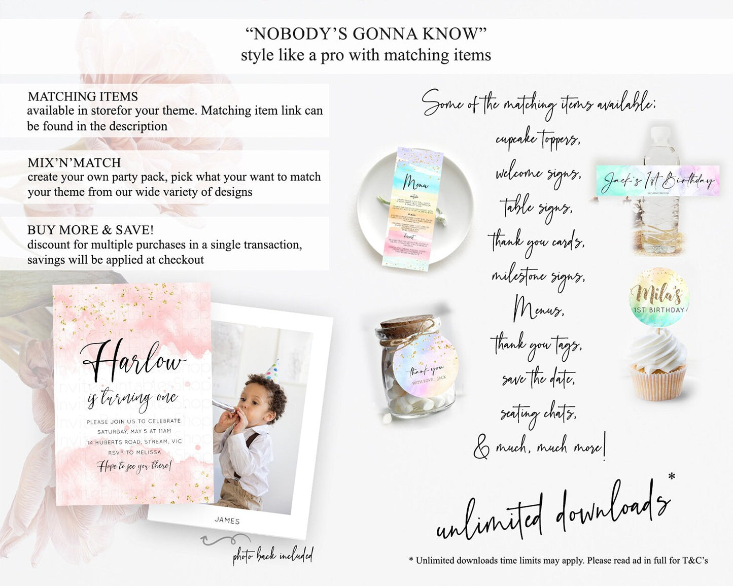 Pink Birthday Invitation pink Watercolor Invitation Pastel pink Watercolor Invitation pink Splash Gold Invitation 1st First Birthday D10328