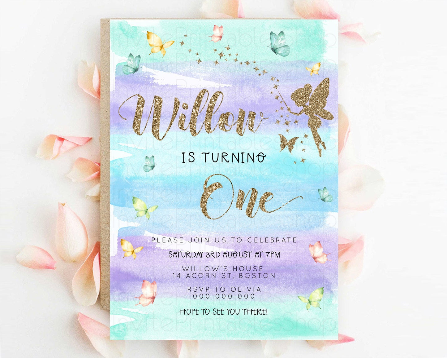 Pastel Fairy Birthday Invitation Pastel Butterflies Fairy Birthday Invitation Rainbow Ombre Watercolor 1st 2nd Birthday Invitation D23317