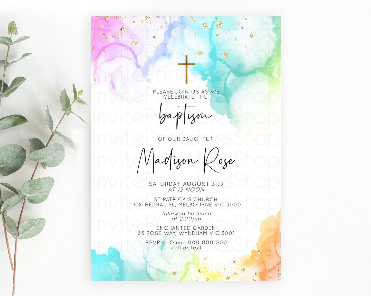 Pastel Baptism Invitation Pastel Colors Watercolor Baptism 1st Birthday Party Gold Ombre Pastel Rainbow Christening Holy Communion D10181
