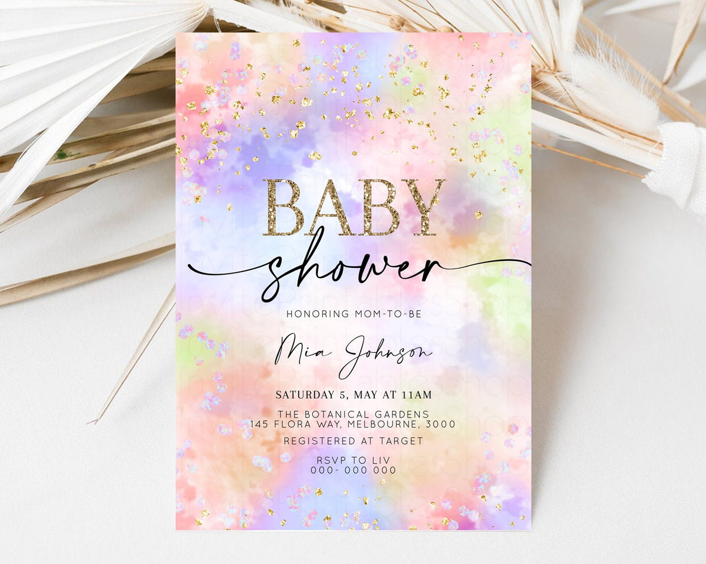 Rainbow Baby Shower Invitation Watercolor Pastel Invitation Colorful Splash Baby Invite Glitter Sprinkles Ombre Clouds Invite Whimsical K589