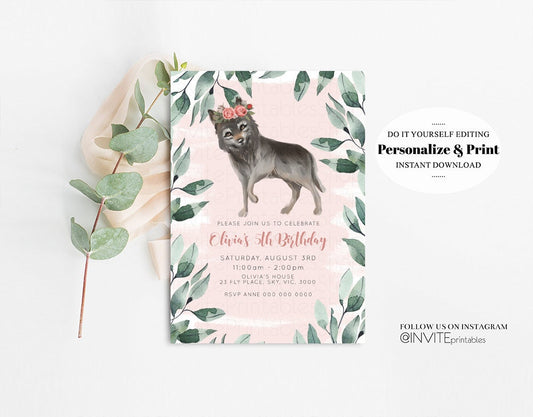 Wolf Invitation Wolf Birthday Invite Grey Baby Wolf Tribal Boho Pink Pastel Flower Crown Greenery Garden Forest Custom Invite