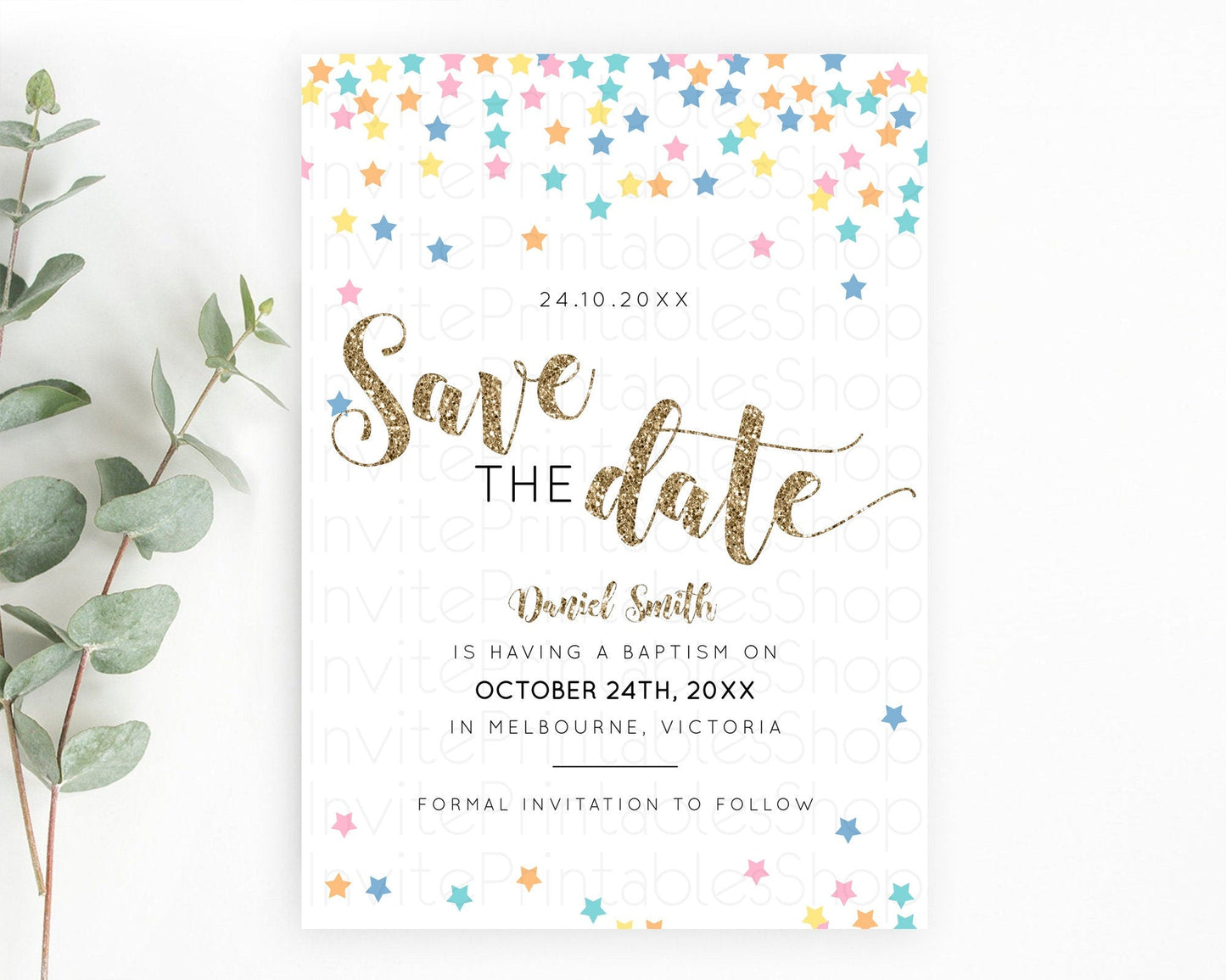 Twinkle Stars Save The Date Template Pastel Twinkle Little Star Party Shooting Star Confetti Sprinkles Birthday Baptism Baby Shower D10298