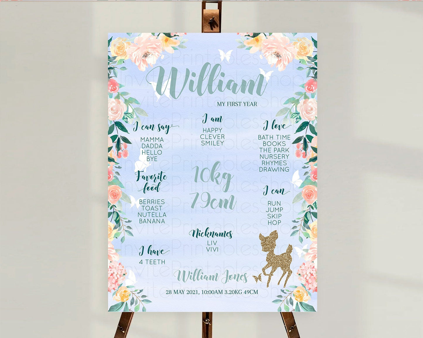 Fawn First Birthday Milestone Board Deer First Birthday Milestone Poster Enchanted Forest Butterfly Pastel Flowers 1st Birthday Sign D10875