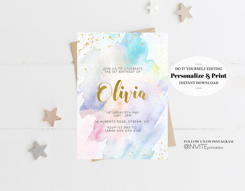 Rainbow Birthday Invitation Ombre Pastel Invitation Colorful Watercolor Splash Invite Gold Glitter Sprinkles Printable Digital Invite