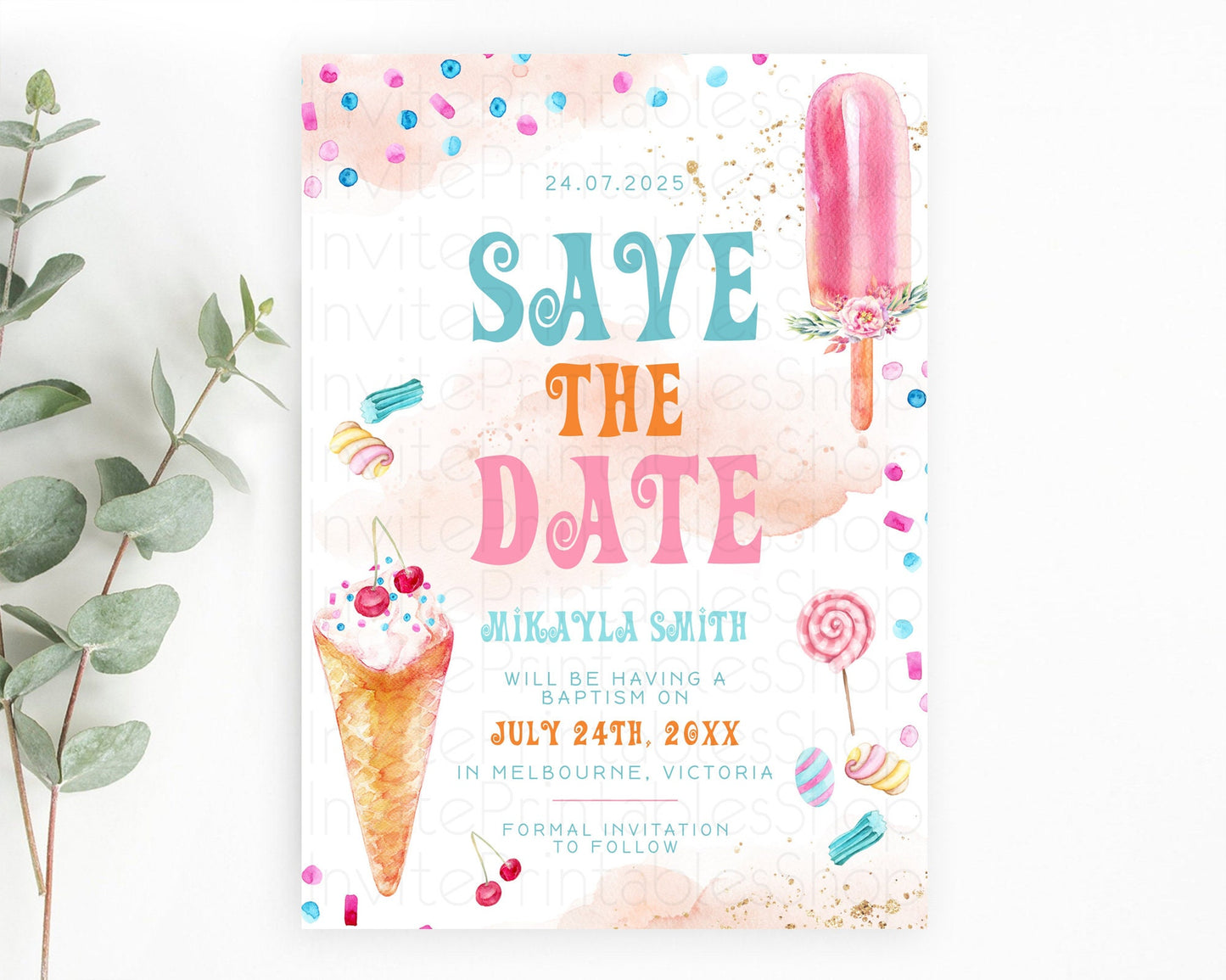 Ice Cream Save The Date Sweet One Save The Date Template Heres The Scoop Party Pastel Candy Theme 1st Birthday Baptism Baby Shower D10554