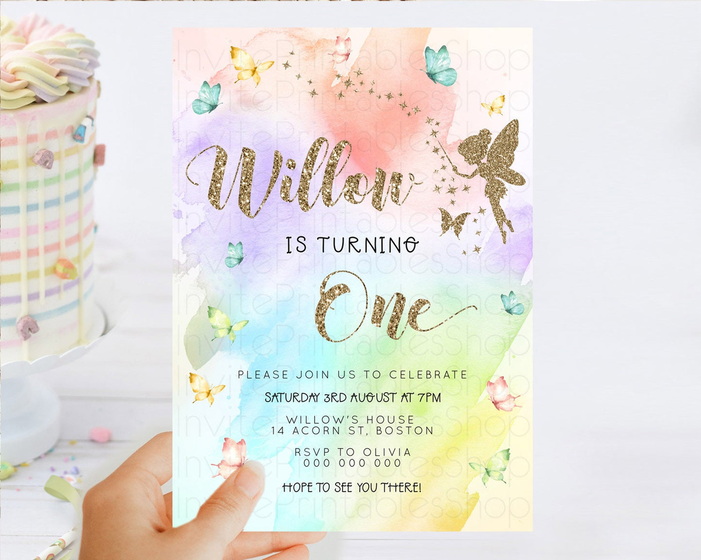 Pastel Fairy Birthday Invitation Pastel Butterflies Fairy Birthday Invitation Rainbow Ombre Watercolor 1st 2nd Birthday Invitation D23349