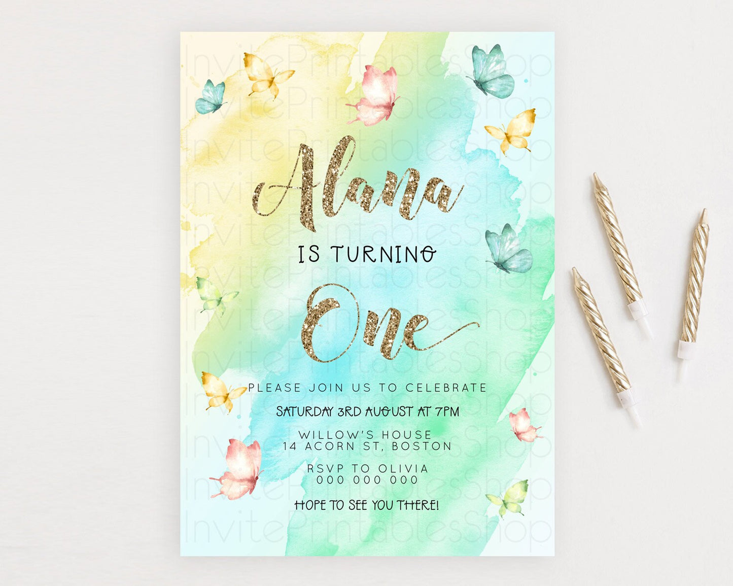 Pastel Butterfly Birthday Invitation Butterfly Birthday Invitation Colorful Splash Glitter Butterfly Garden 1st 2nd Birthday D23242
