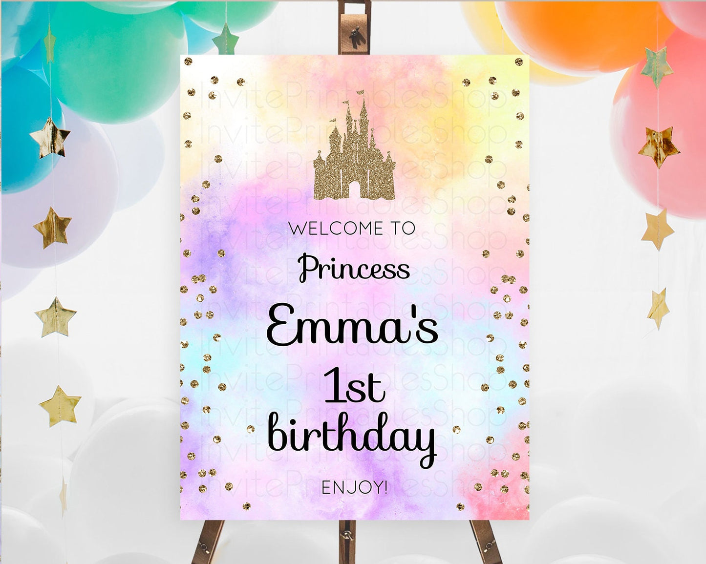 Princess Birthday Welcome Sign Pastel Princess Welcome Board Pastel Rainbow Colorful Enchanted Castle First Birthday Welcome Sign D10148