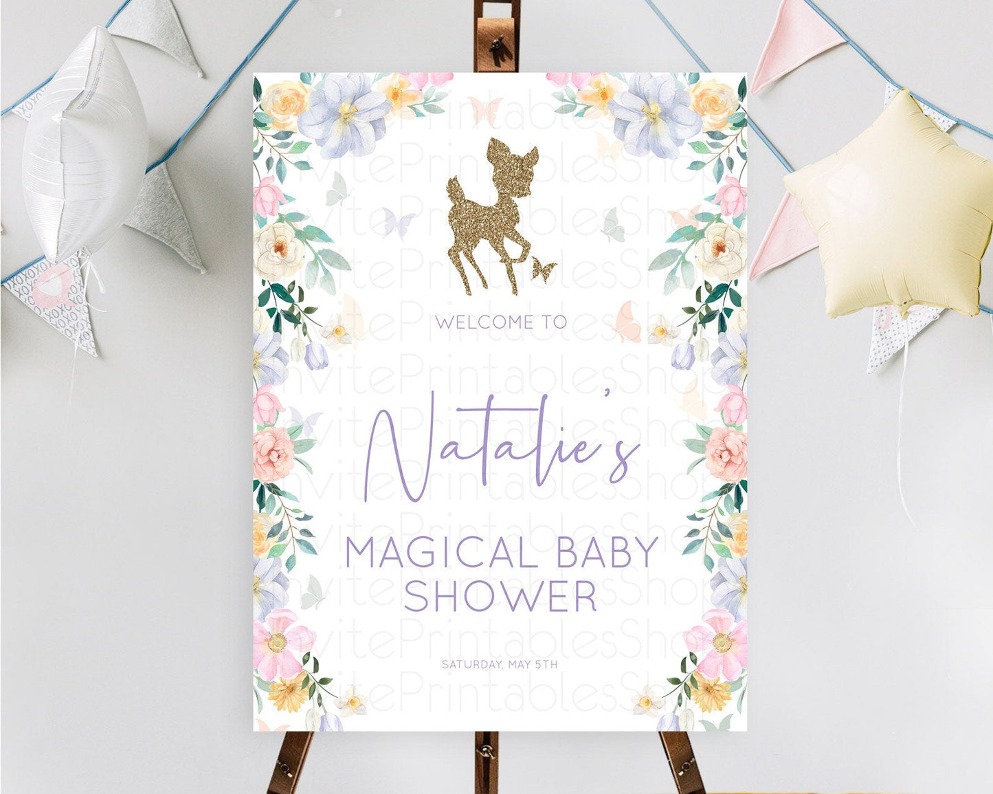 Fawn Baby Shower Welcome Sign Deer Welcome Board Floral Deer Welcome Poster Enchanted Forest Butterfly Pastel Floral Welcome Sign D10477