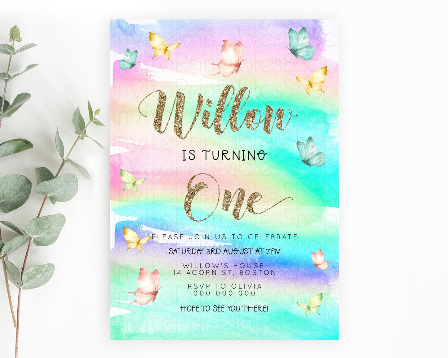 Pastel Butterfly Birthday Invitation Butterfly Birthday Invitation Colorful Splash Glitter Butterfly Garden 1st 2nd Birthday D23214