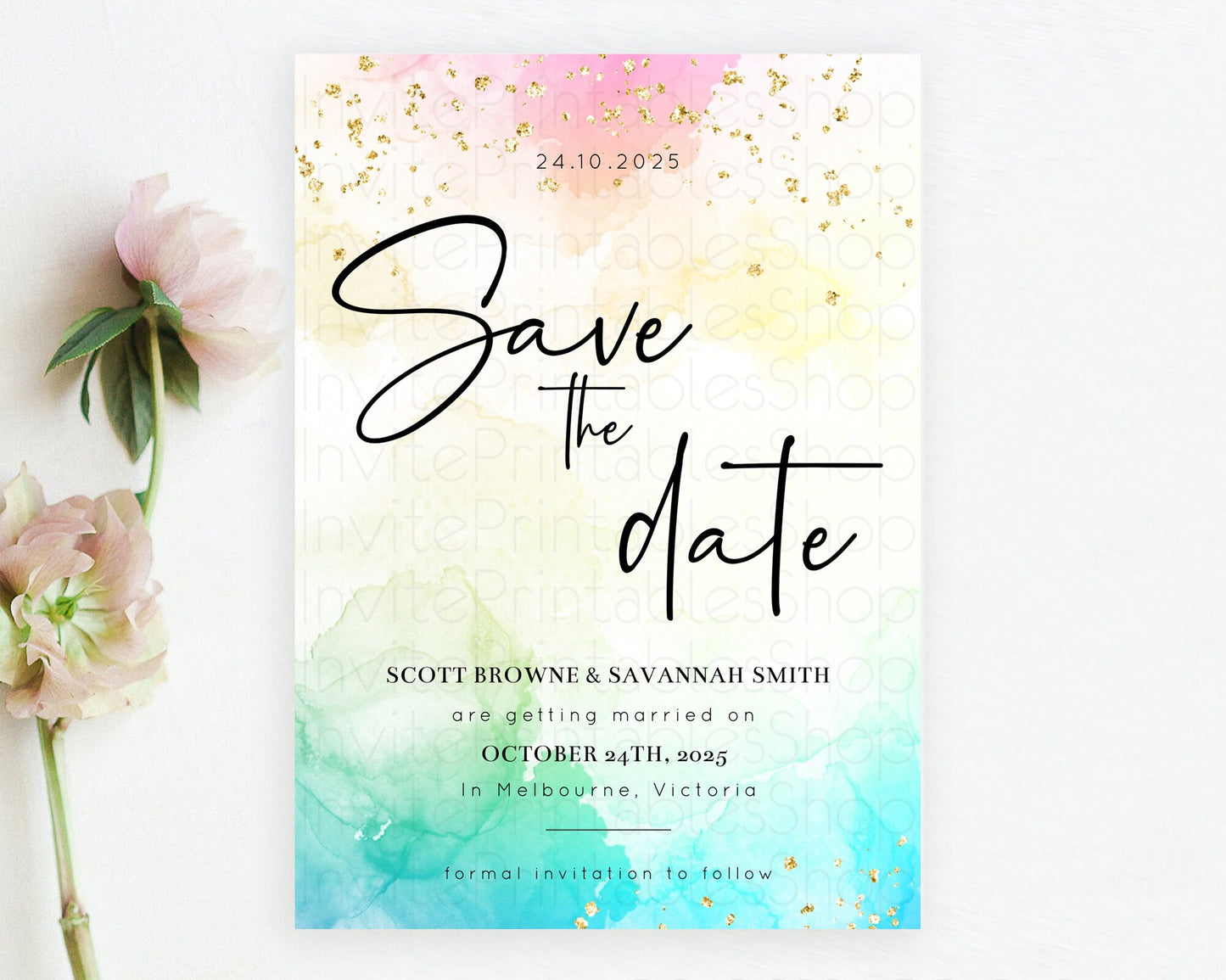 Editable Pastel Save The Date Template Pastel Ombre Rainbow Watercolor Color
