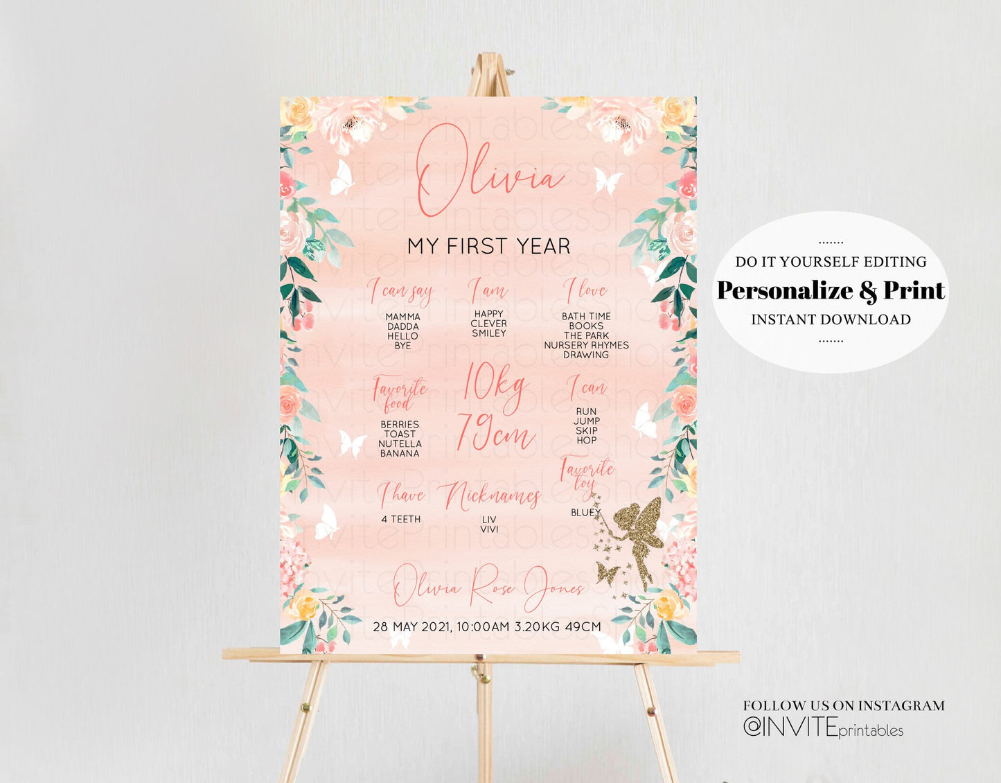 Editable Fairy Baby Milestone Board Watercolor Floral Garden Magic First Bir