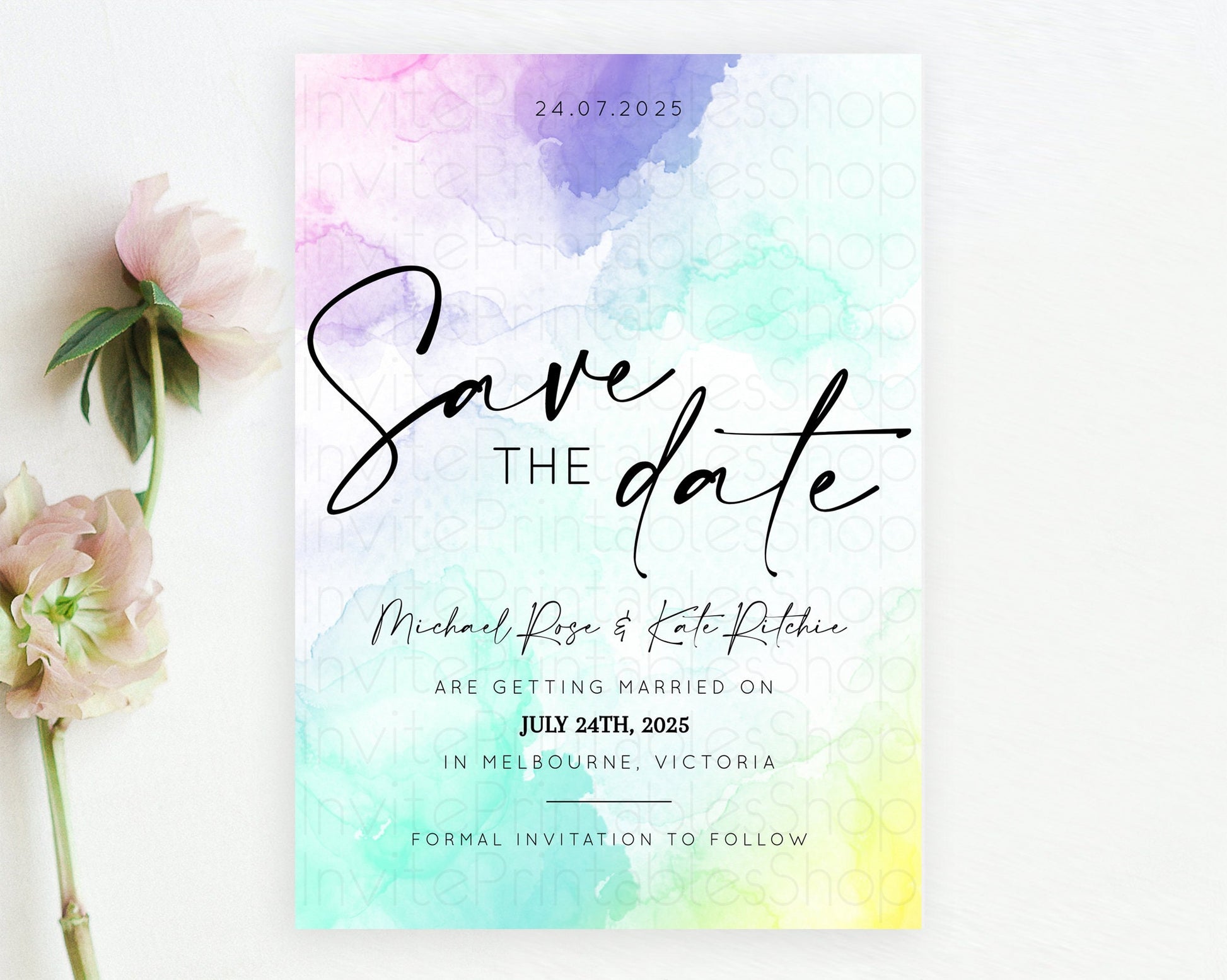 Editable Pastel Save The Date Template Pastel Ombre Rainbow Watercolor Color