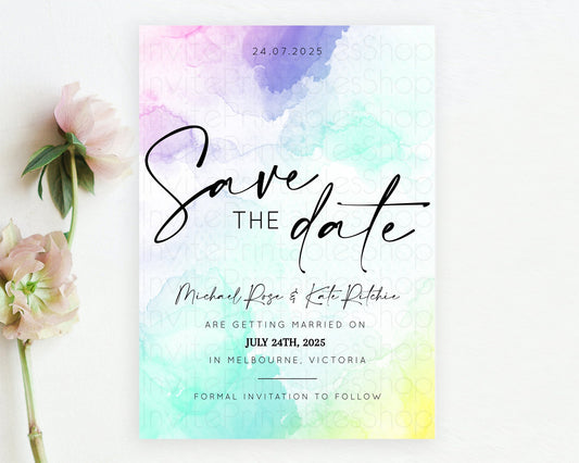 Editable Pastel Save The Date Template Pastel Ombre Rainbow Watercolor Color