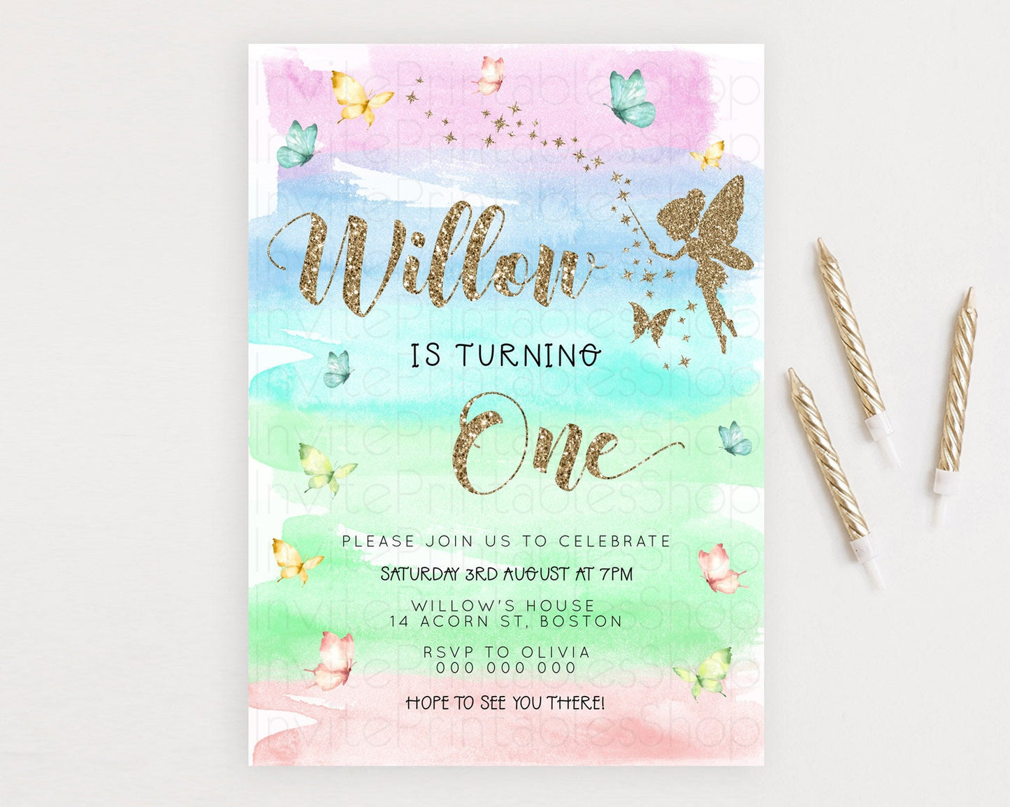 Pastel Fairy Birthday Invitation Pastel Butterflies Fairy Birthday Invitation Rainbow Ombre Watercolor 1st 2nd Birthday Invitation D23320